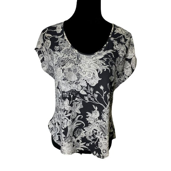 Ann Taylor Loft Womens Floral Print Short Sleeve Top XXSP Gray & White Career - Picture 1 of 8